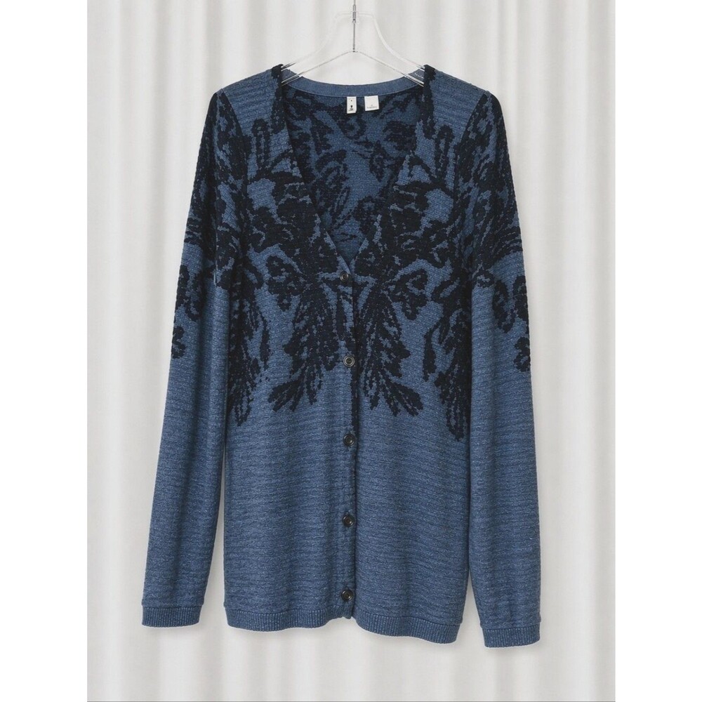 Moth Anthropologie Heathered Blue Dark Blue Raised Floral Casual Career Cardigan
